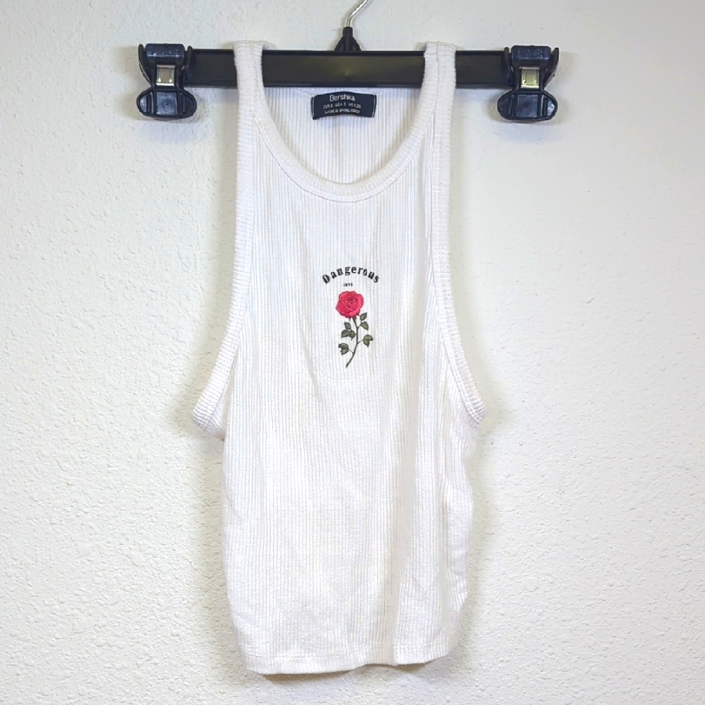 Bershka White Cut Out Tank Top with Red Rose